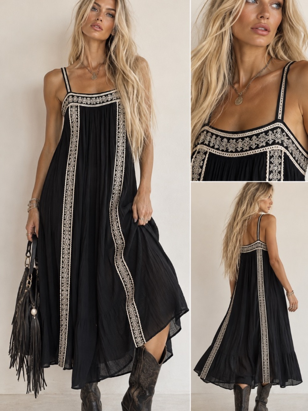 J Glee Black Embroidered Boho Midi Dress S Smocked Rayon